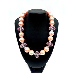 Chunky Beaded Necklace With Large Pink Pearls & Faceted Clear Beads